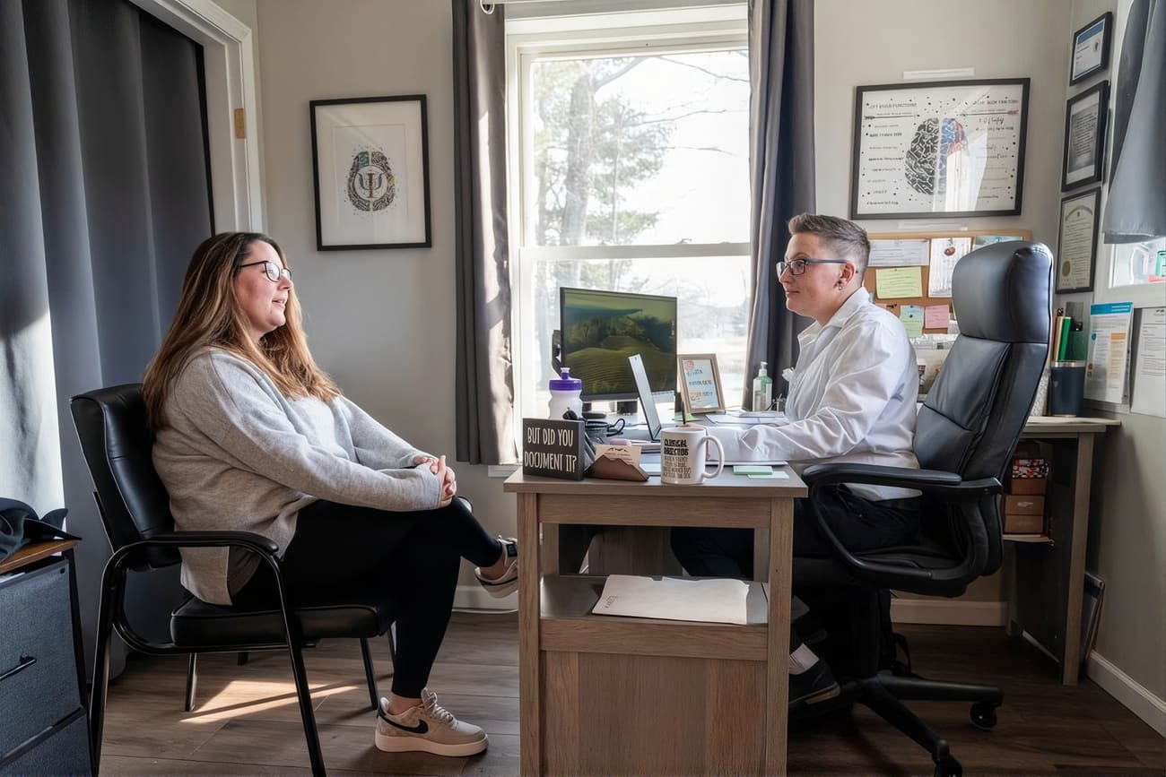 A client and clinician talking in a counseling office